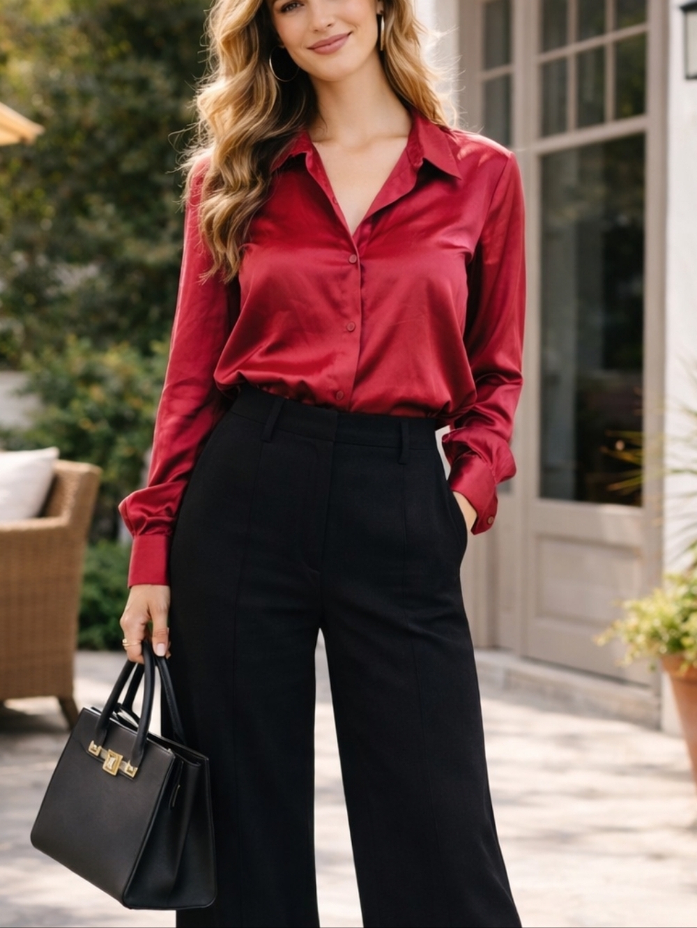 Eileen Fisher Silk Button Front Blouse Red Long Sleeve Top XS